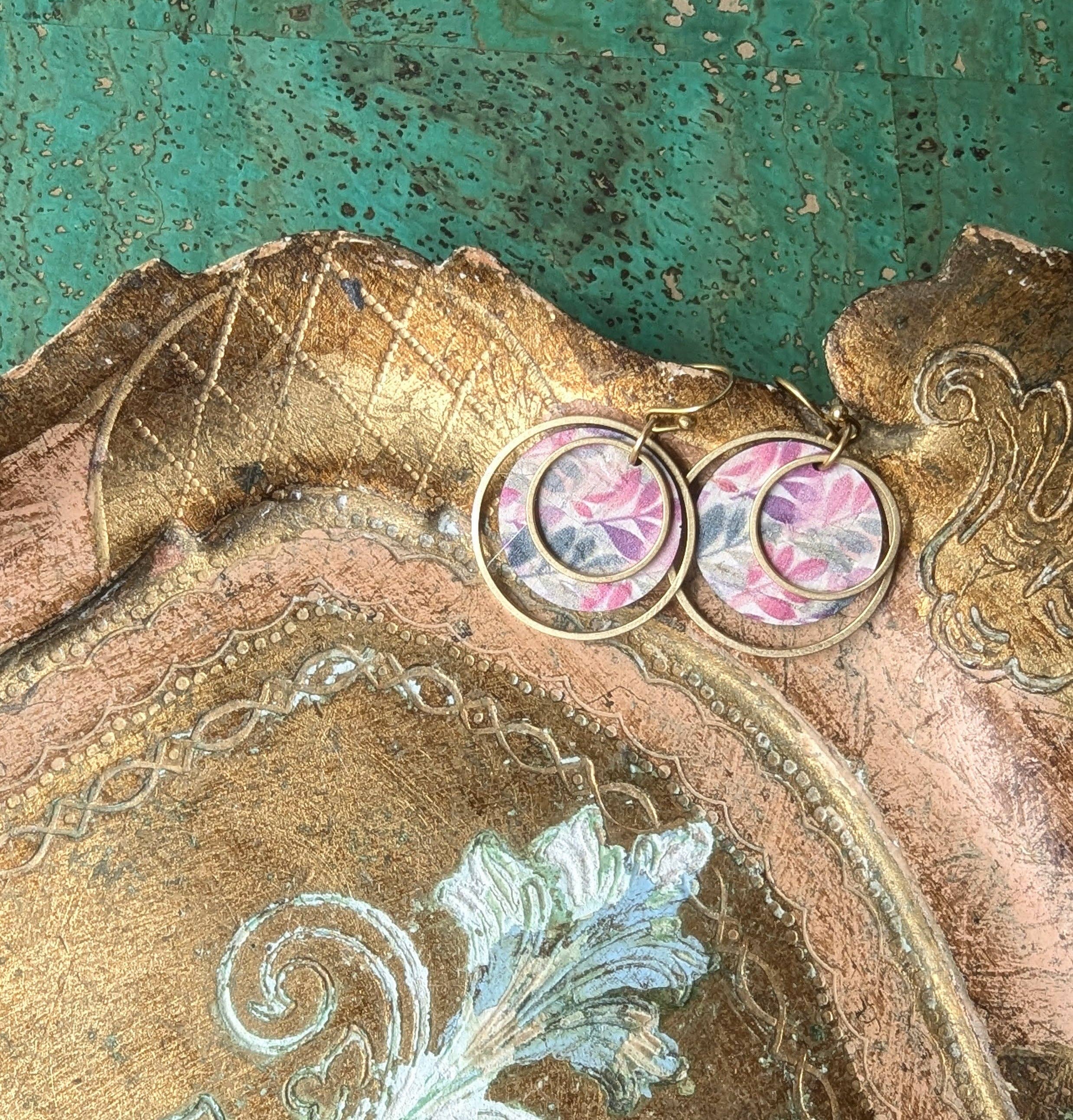 Hello Lovely Cork Co. | Circle Cork and Brass Earrings - Green and Fuchsia Leaves