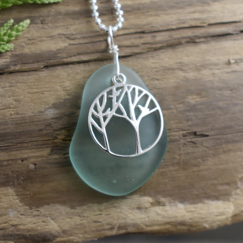 Seaglass and silver tree of life pendant