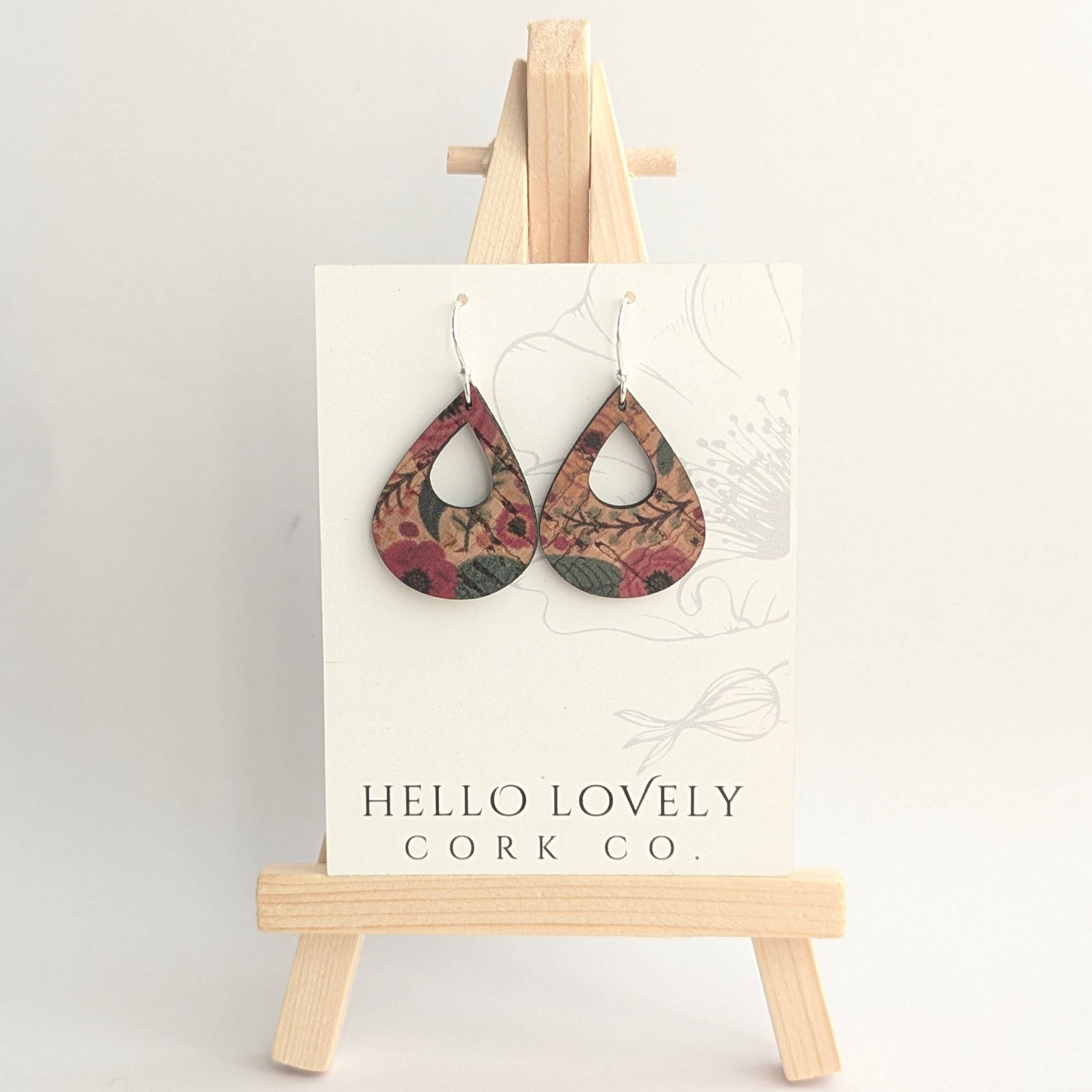 Hello Lovely Cork Co. | Green and Pink Floral Cork Earrings - Small Teardrop