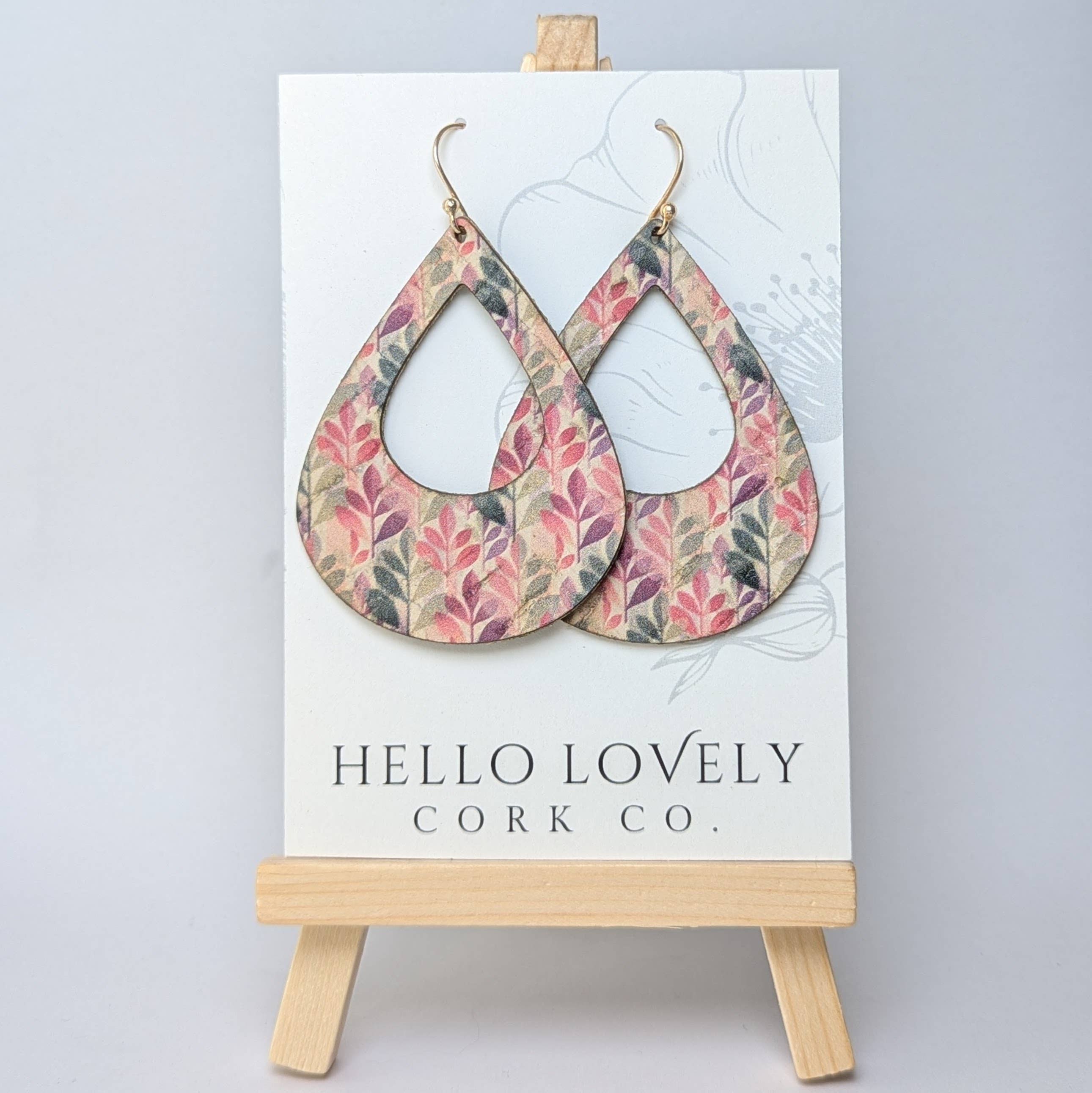 Hello Lovely Cork Co. | Green and Fuchsia Leaves Cork Earrings - Large Teardrop