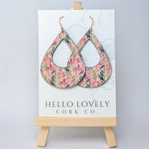 Hello Lovely Cork Co. | Green and Fuchsia Leaves Cork Earrings - Large Teardrop