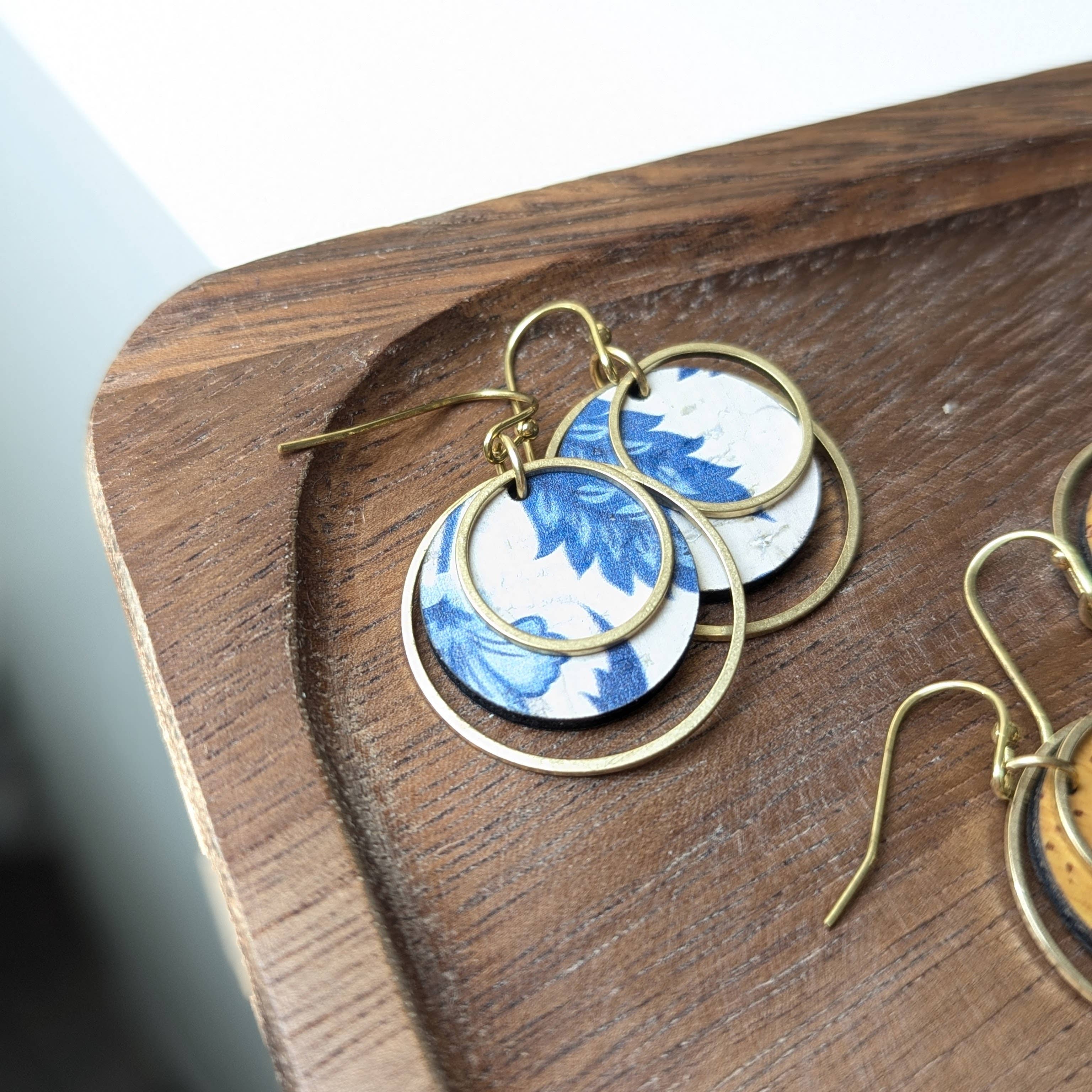 Hello Lovely Cork Co. | Circle Cork and Brass Earrings - Blue and White Floral
