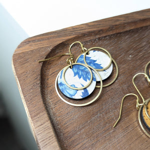 Hello Lovely Cork Co. | Circle Cork and Brass Earrings - Blue and White Floral