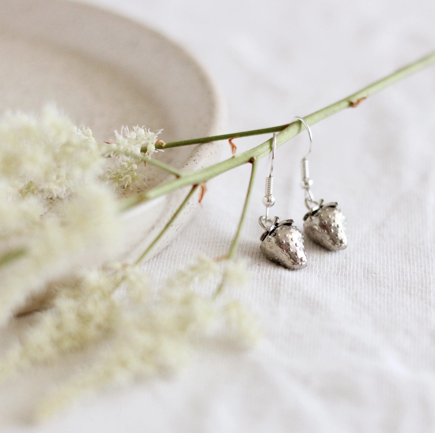 Silver Strawberry Charm Earrings, Made in Canada