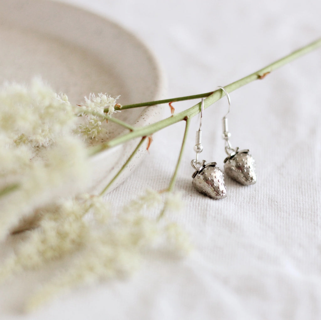 Silver Strawberry Charm Earrings, Made in Canada
