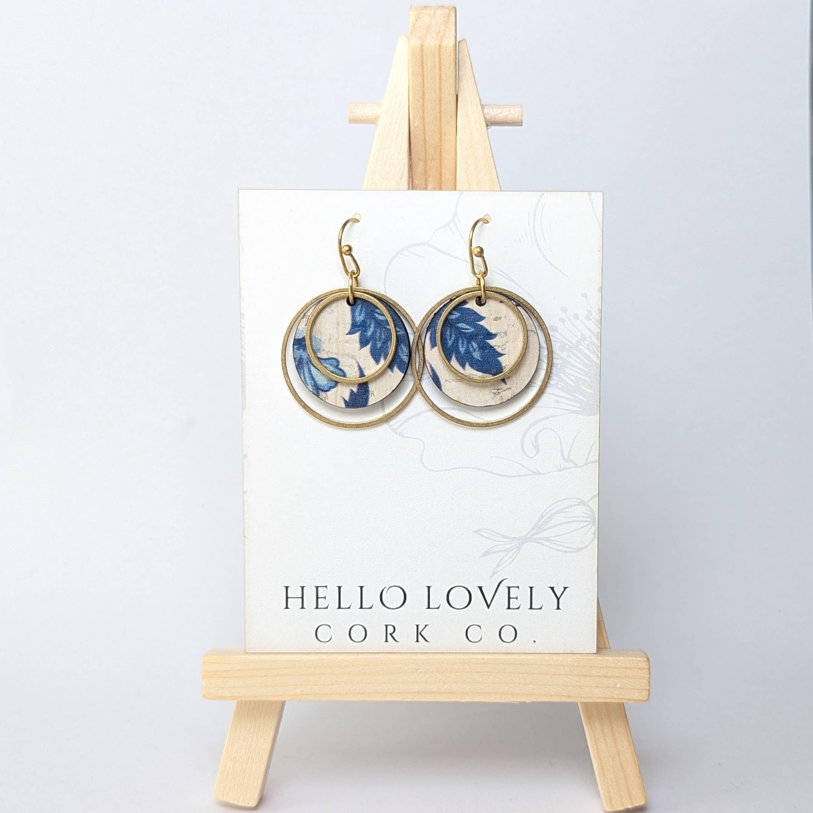 Hello Lovely Cork Co. | Circle Cork and Brass Earrings - Blue and White Floral