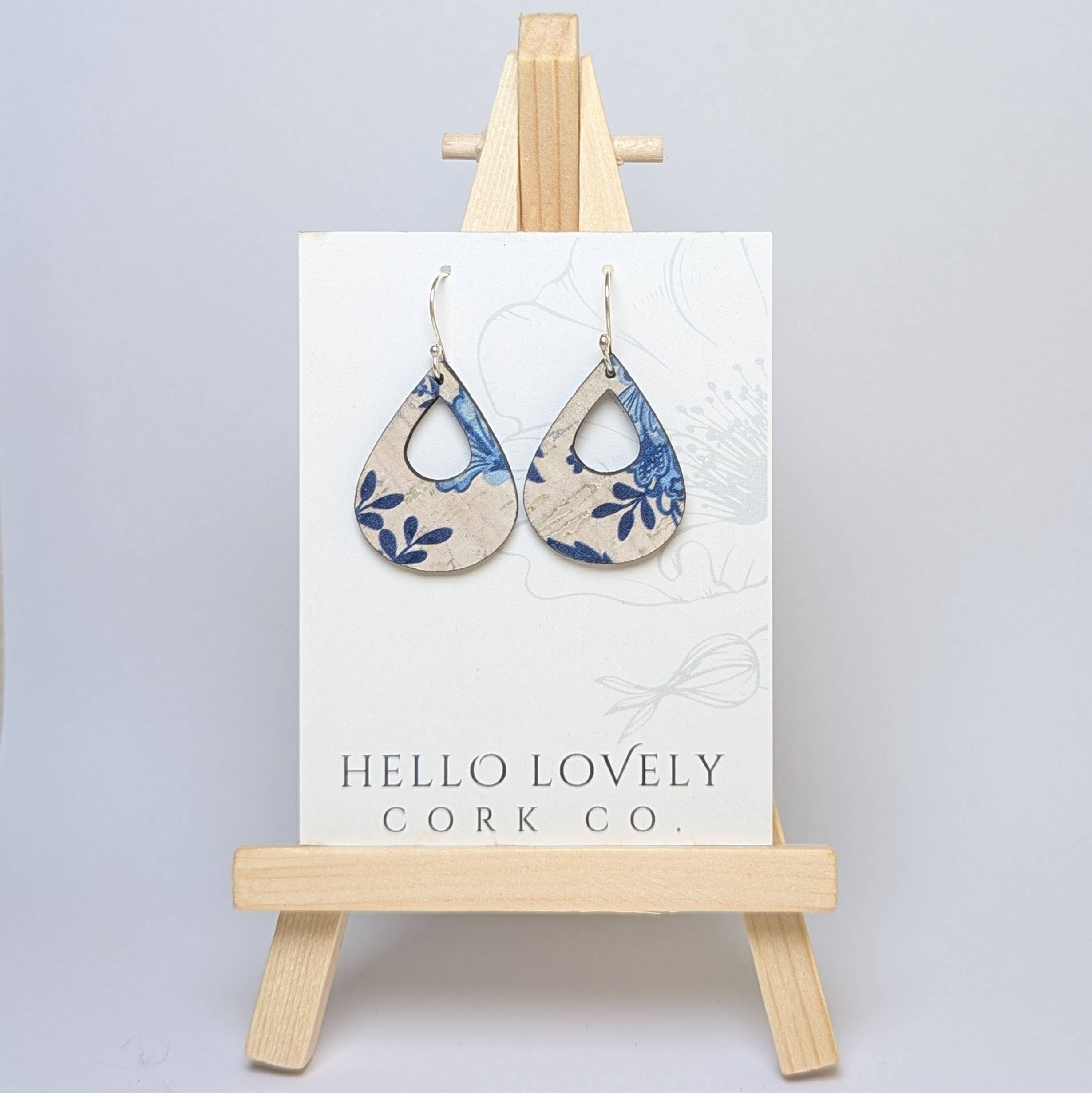 Hello Lovely Cork Co. | Blue and White Floral Cork Earrings - Small Teardrop