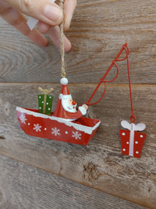 Metal fishing boat santa, snowman or moose